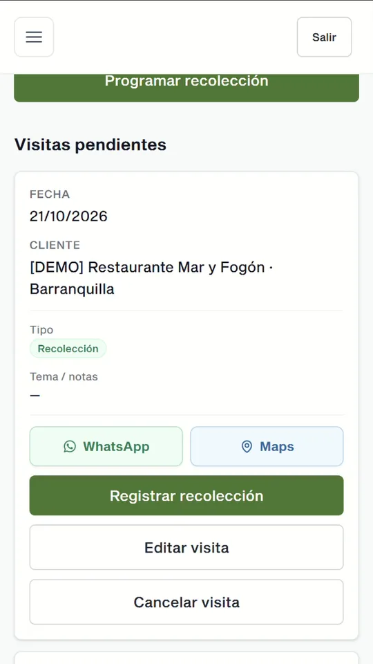 Pantalla de la agenda de recolecciones, con datos de ejemplo