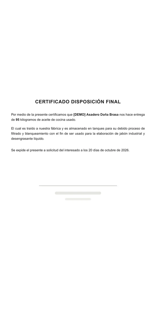 Certificado en PDF generado por el sistema, con datos de ejemplo